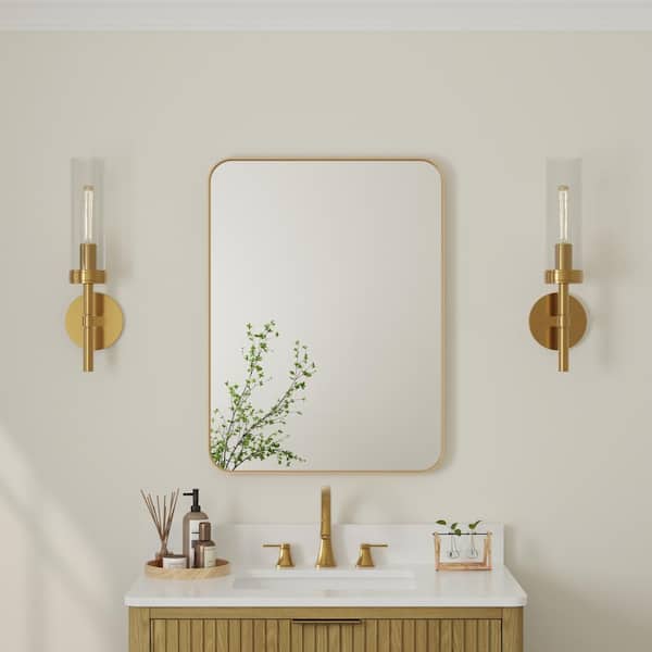 ANGELES HOME 24 in x 32 in. Retangular Framed Wall Bathroom Vanity Mirror Decor Mirror in Brushed Gold