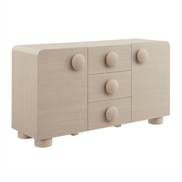 Sonnet Ash Wood 57 in. W Retro Curved Sideboard-Cabinet with Circle Knobs-Credenza Cabinet with 3 Drawers