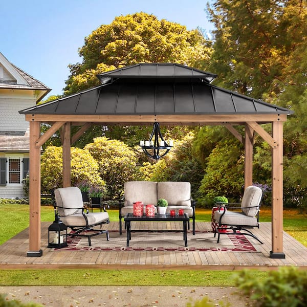 Sunjoy Archwood 13 Ft X 11 Ft Cedar Frame Gazebo With Double Tier Steel Roof Hardtop A102007500 The Home Depot