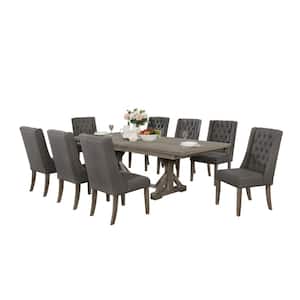 Linda 9-Piece Rectangular Rustic Grey Wood Top Table Set with 8-Dark Grey Linen Fabric Chairs with Tufted Buttons
