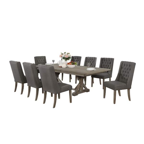 Best Quality Furniture Linda 9-Piece Rectangular Rustic Grey Wood Top Table Set with 8-Dark Grey Linen Fabric Chairs with Tufted Buttons