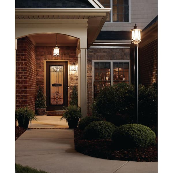 Resort Collection 1-Light Aged Copper Etched Umber Glass Craftsman Outdoor Post Lantern Light