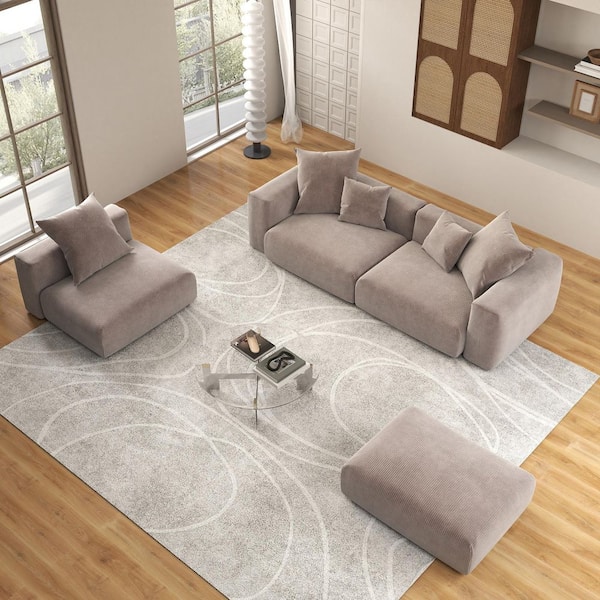 Unbranded 102 in. Square Arm 4-Piece Corduroy Modular Free Combination Sectional Sofa in Brown with Ottoman and Removable Cover