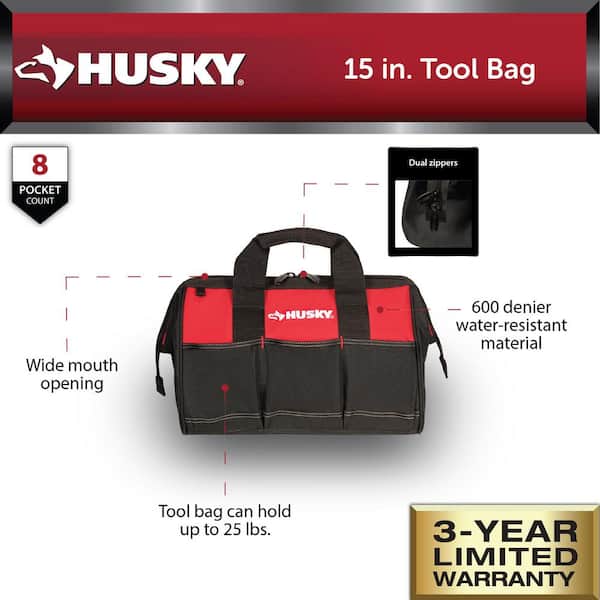 Husky 15 in. 8-Pocket Red Tool Bag with Zippered Top HD60015-TH