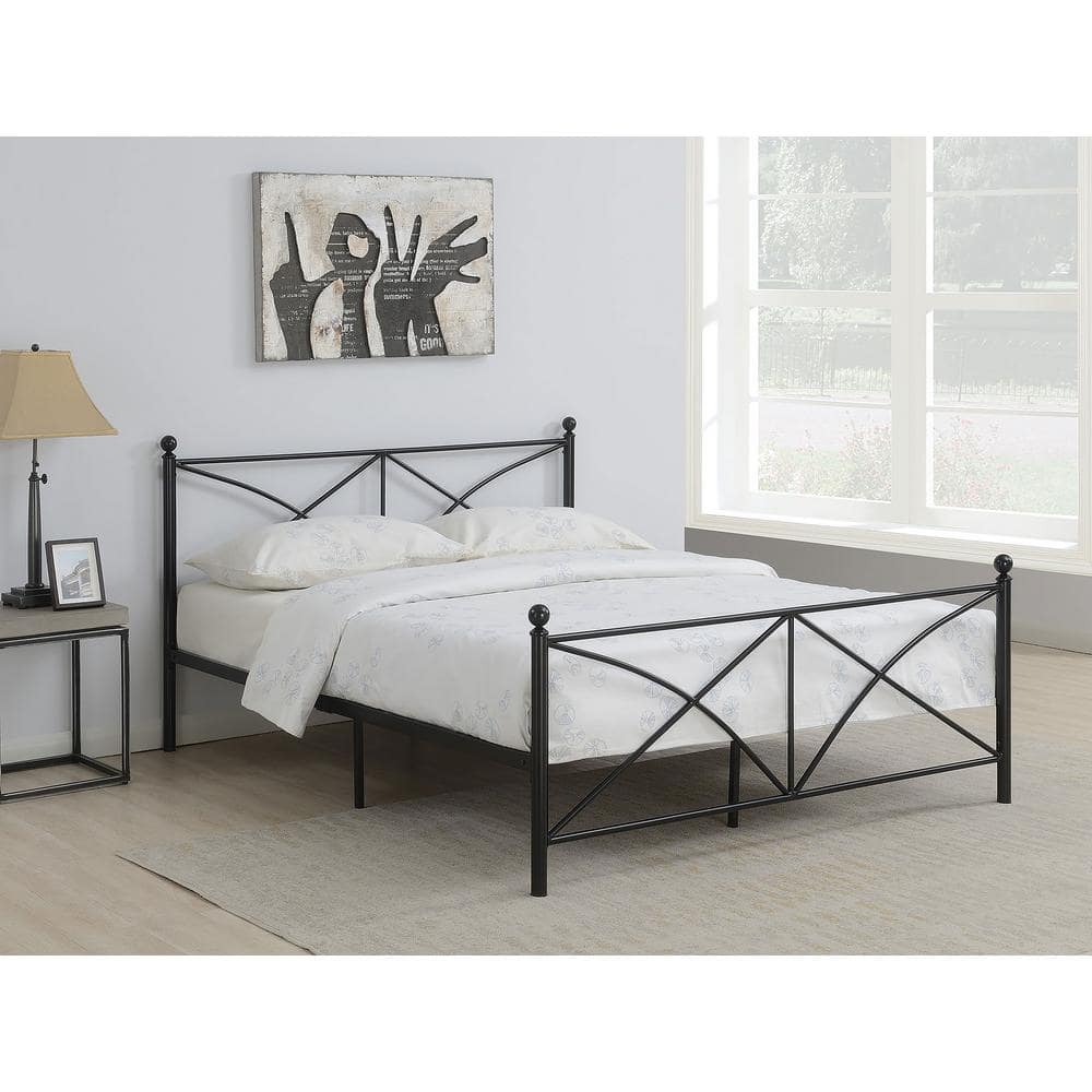 Black Metal Queen Bed with X-Style Headboard and Slats