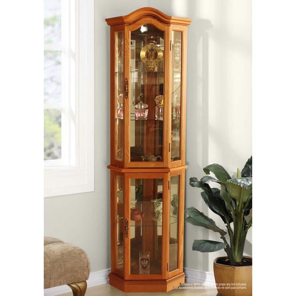 Floor Standing Oak Lighted Curio Cabinet, Brown