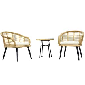 3-Pieces Outdoor Patio Balcony Natural Yellow Wicker Chair Table Set with Beige Cushion and Tempered Glass Table Top