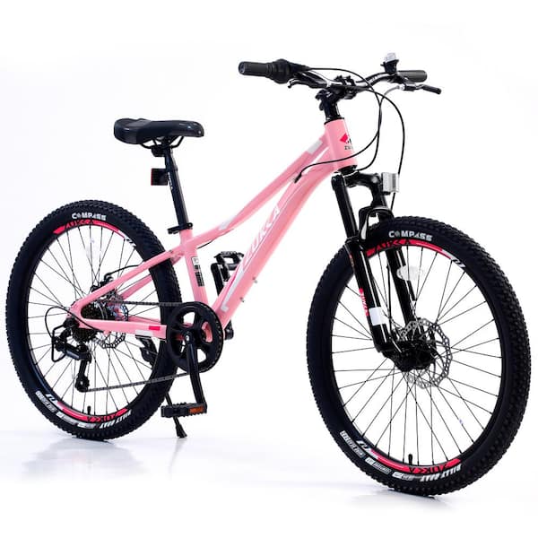 Sudzendf 24 in. Wheels Mountain Bike Carbon steel Frame Disc Brakes Thumb Shifter Front fork Bicycles, Pink