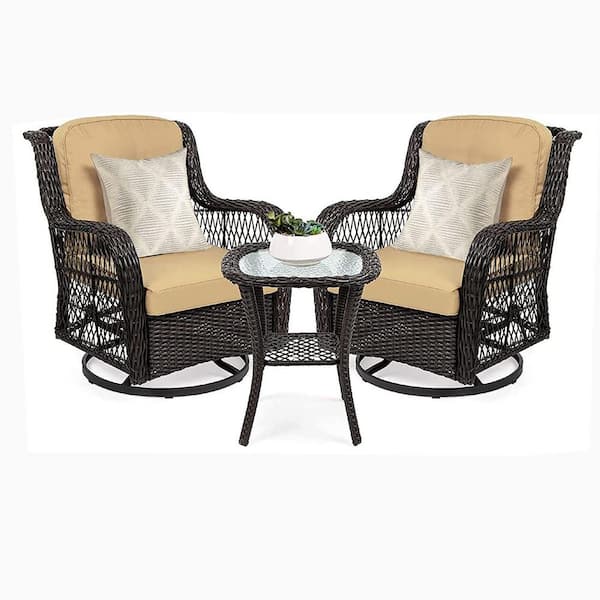 Cisvio Brown Wicker Outdoor Rocking Chair with Khaki Cushion, 360-Degree Swivel Rocking Chairs (3-Pieces)