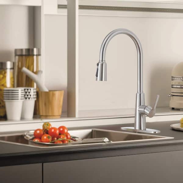 UPIKER Single-Handle Pull Out Sprayer Kitchen Faucet with Deckplate Included and Supply Lines in Brushed Nickel