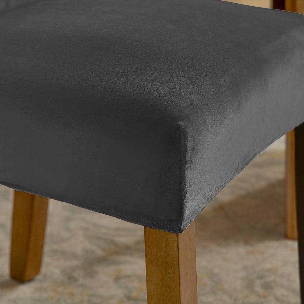 Charcoal Stretch Velvet Short Dining Chair Cover Set