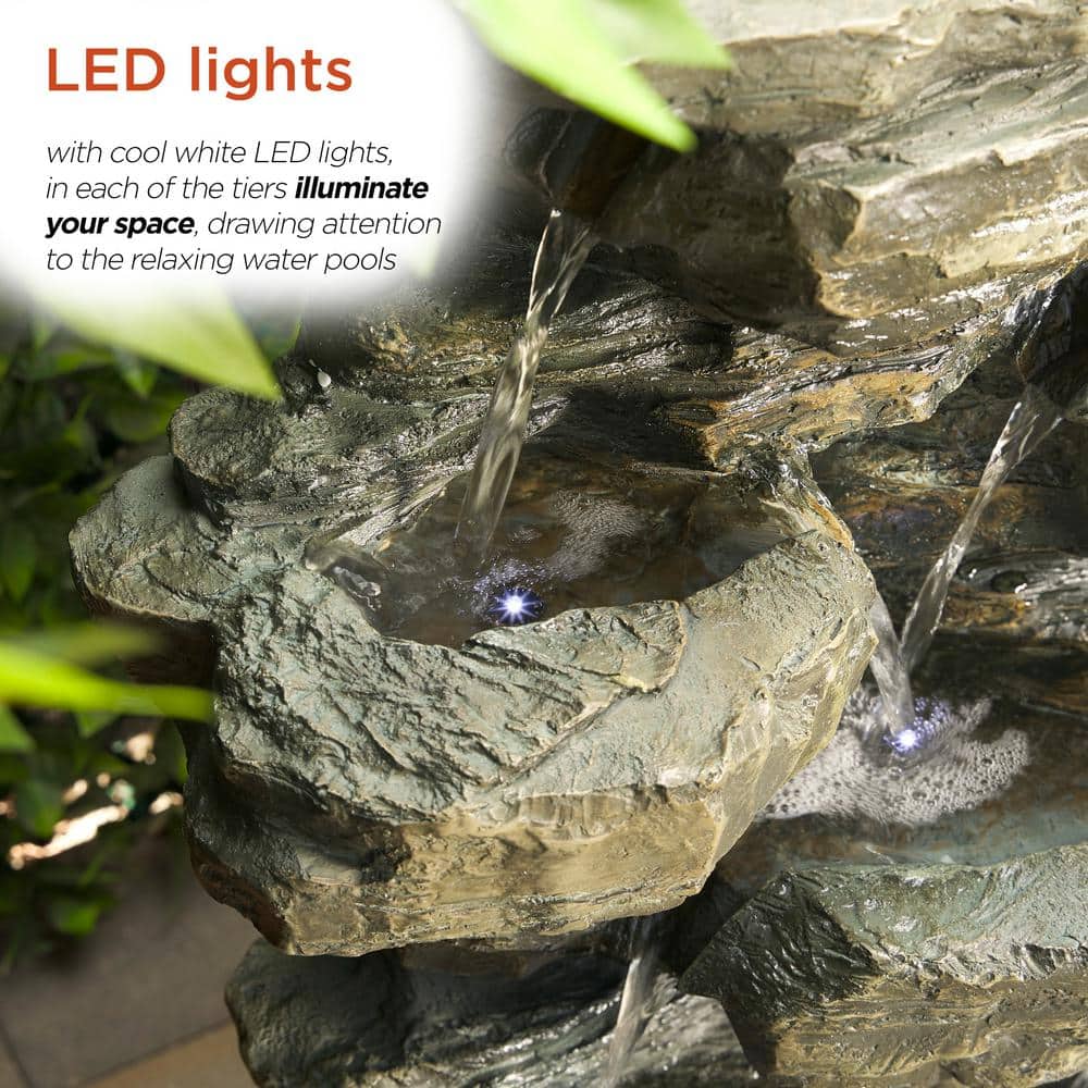 Gray Stone 39" Solar Powered Tiered Rock Fountain with LED Lights