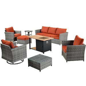 Warner Gray 10-Piece Wicker Patio Fire Pit Conversation Set with Orange Red Cushions and Swivel Rocking Chairs