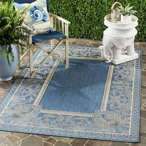 Courtyard Blue/Natural 8 ft. x 11 ft. Border Indoor/Outdoor Patio  Area Rug