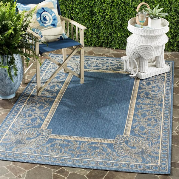 Courtyard Blue/Natural 9 ft. x 12 ft. Border Indoor/Outdoor Patio  Area Rug