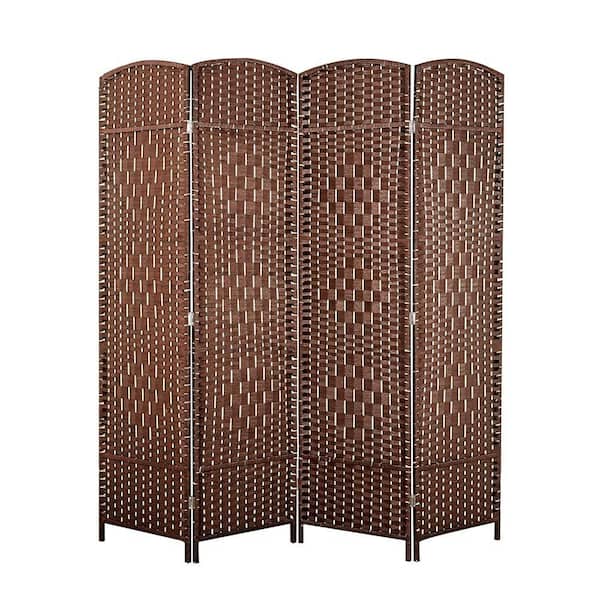 71 in. Brown 4-Panel Natural Folding Room Divider, Hand-Woven Wood Frame, Privacy Screen for Living Room
