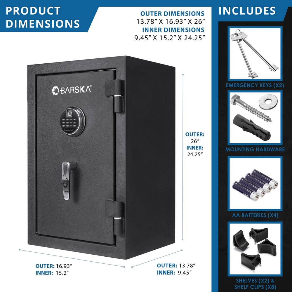 Barska Black Steel Fireproof Biometric Digital Safe - 2.02 Cu Ft