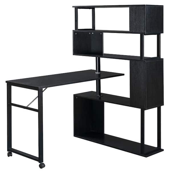 mieres Dora 47.2 in. L-Shaped Black Wood Writing Desk with 5-Tier Bookshelf and Lockable Casters, 4 Installation Methods