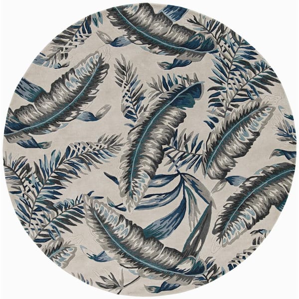 Marina Gray/Blue 8 ft. Round Floral Nautical Hand-Tufted Wool Area Rug