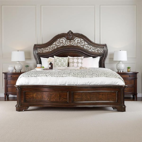California Brown Wood Frame King Size Panel Bed with Headboard