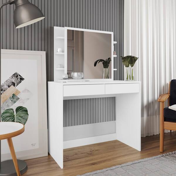 Lina 2-Drawer White Vanity with Mirror 53.54 in. H x 35.82 in. w x 