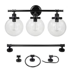Milan 25.9 in. 3-Light Oil Rubbed Bronze Vanity Light with Clear Glass Shades and Bath Set (5-Piece), Bulbs Included
