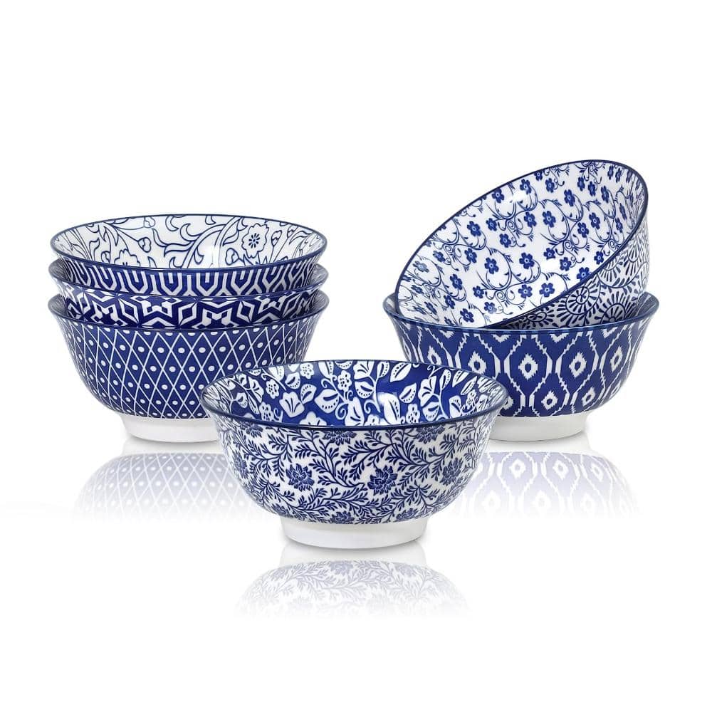 Porcelain Cereal Bowl Set, 7 in, 6-Pack, Blue Chinese Style