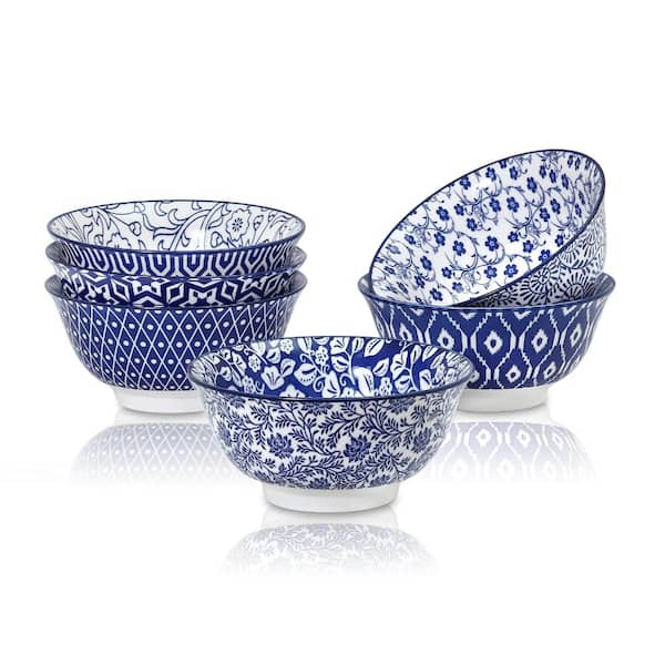Porcelain Cereal Bowl Set, 7 in, 6-Pack, Blue Chinese Style Pattern for Cereal, Soup, Salad, Pasta Set