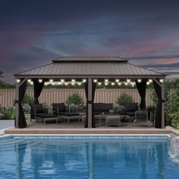 12 ft. x 20 ft. Light Gray Patio Outdoor Gazebo for Backyard Hardtop Aluminum Frame, Hooks,Curtain,Netting and 36-Lights