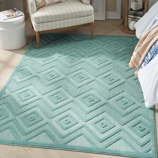 Versatile Aqua/Teal 5 ft. x 7 ft. Geometric Contemporary Indoor/Outdoor Area Rug