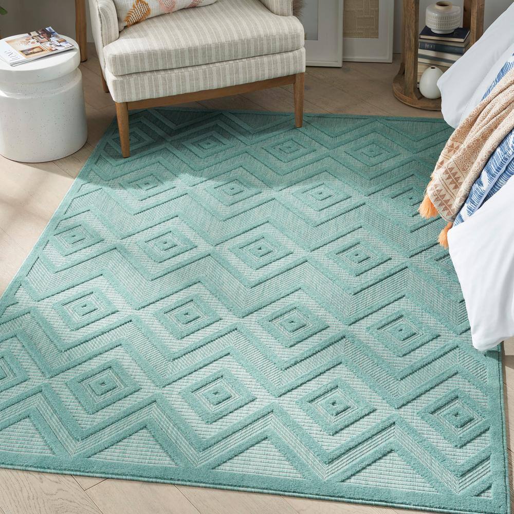 Aqua Teal Diamond 5' x 7' Easy-Care Synthetic Outdoor Rug