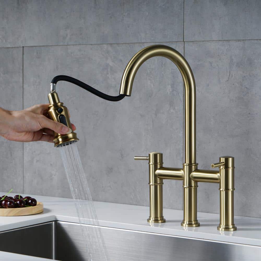 Brushed Gold Double Handle Bridge Kitchen Faucet with Pull Down Sprayer