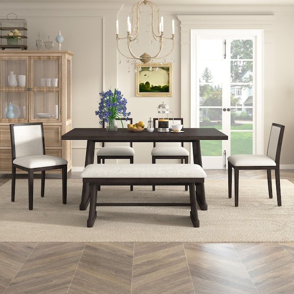 6 -Piece Rectangular Espresso Solid Wood Top Dining Room Set 4 with Wire Brushed Design