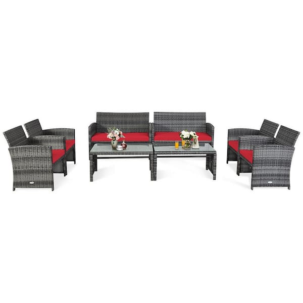 8-Pieces Patio Outdoor Rattan Conversation Furniture Set with Red Cushion