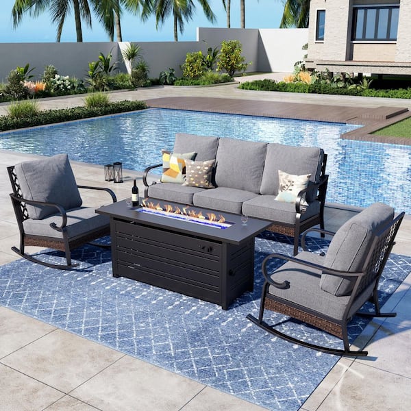 PHI VILLA 4-Piece Black Metal Outdoor Patio Conversation Seating Set with Rocking Chair, 50000 BTU Fire Pit Table and Gray Cushion