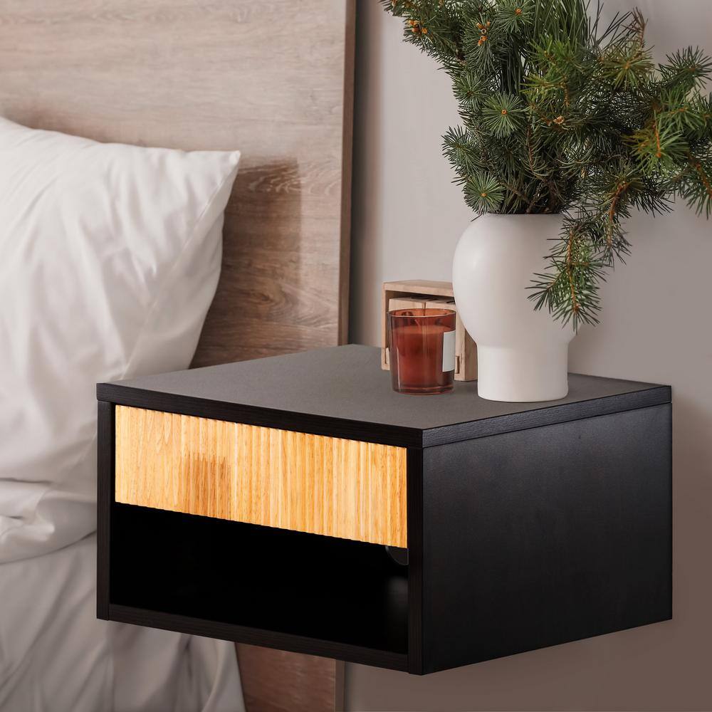 JONATHAN Y Elise Black Light Oak 15.71 in. Classic Floating Wall Mounted Nightstand with Soft Close Tambour Drawer and Cable Hole NST2001A The Home