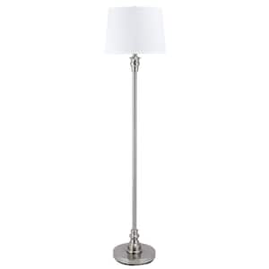 58 in. Brushed Steel Finish Pull-Chain On-Off Switch Floor Lamp with White Fabric Shade