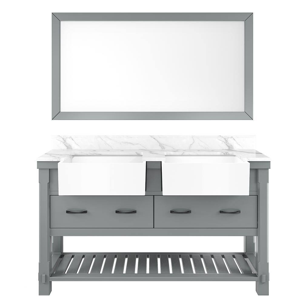 60'' Gray Solid Wood Double Bathroom Vanity with Quartz Top and Mirror