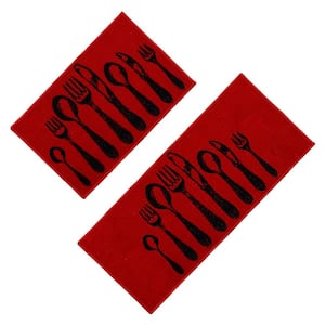Chic Cutlery Red and Black20 in. x 48 in. and 20 in. x 32 in. Polyamide Set of 2 Kitchen Mats