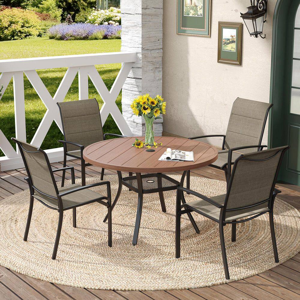 5 Piece Outdoor Dining Set with 40.6 in. Walnut Metal Round Table and 4 Brown Stackable Padded Textilene Dining Chairs price history on PriceWatchPro