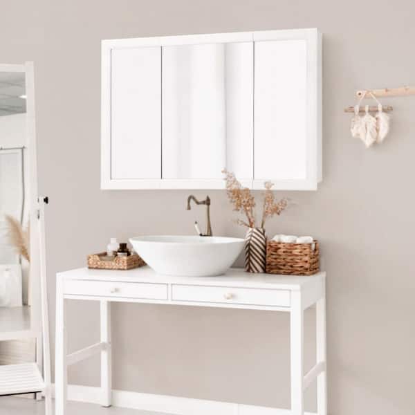 Concord 48 in. W x 30 in. H Surface Mount Tri-View White Gloss Medicine Cabinet with Mirror
