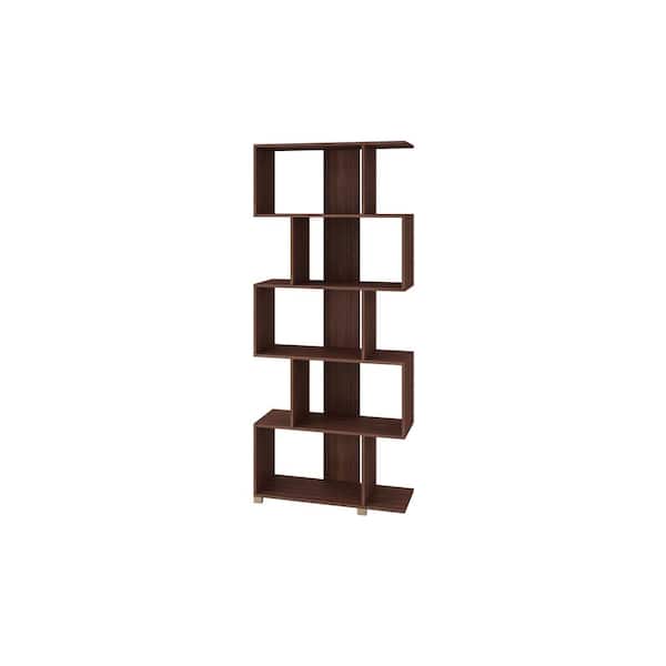 Manhattan Comfort Petrolina 72.44 in. Tall Mid-Century Modern Nut Brown Composite Wood 5-Shelf Standard Bookshelf