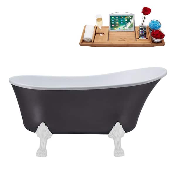 Streamline 55 in. Acrylic Clawfoot Non-Whirlpool Bathtub in Matte Grey With Glossy White Clawfeet And Brushed Gold Drain