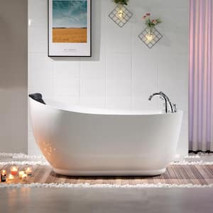 67 in. Right Hand Drain Acrylic Freestanding Flatbottom Whirlpool Bathtub in White with Faucet - Water Jets