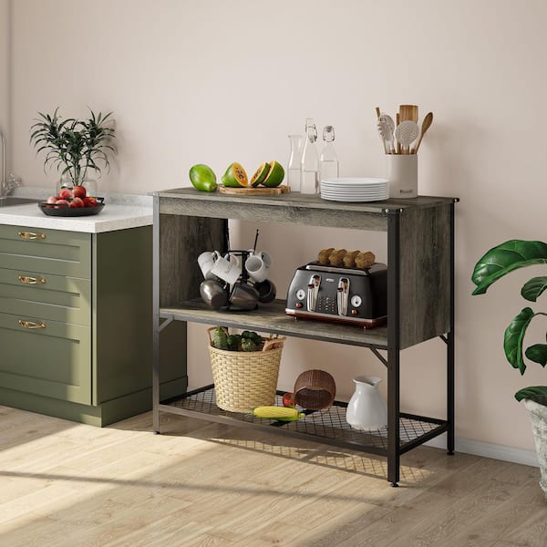 Bestier Kitchen Island Table Retro Grey Oak-Dark Serving Cart With Storage