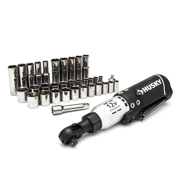 Husky - 12-Volt Lithium-Ion 3/8 in. Drive Cordless Ratchet W/ 34 Piece Socket Set, Battery, Charger, and Carrying Case
