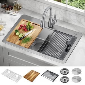 Lorelai 16-Gauge Stainless Steel 33 in. Double Bowl Drop-In Workstation Kitchen Sink with Accessories