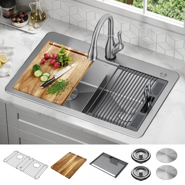Lorelai 16-Gauge Stainless Steel 33 in. Double Bowl Drop-In Workstation Kitchen Sink with Accessories