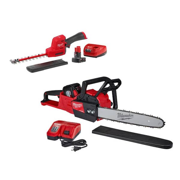 Milwaukee M12 FUEL 8 in. 12V Lithium-Ion Brushless Cordless Hedge Trimmer Kit with M18 FUEL 16 in. Chainsaw (2-Tool)