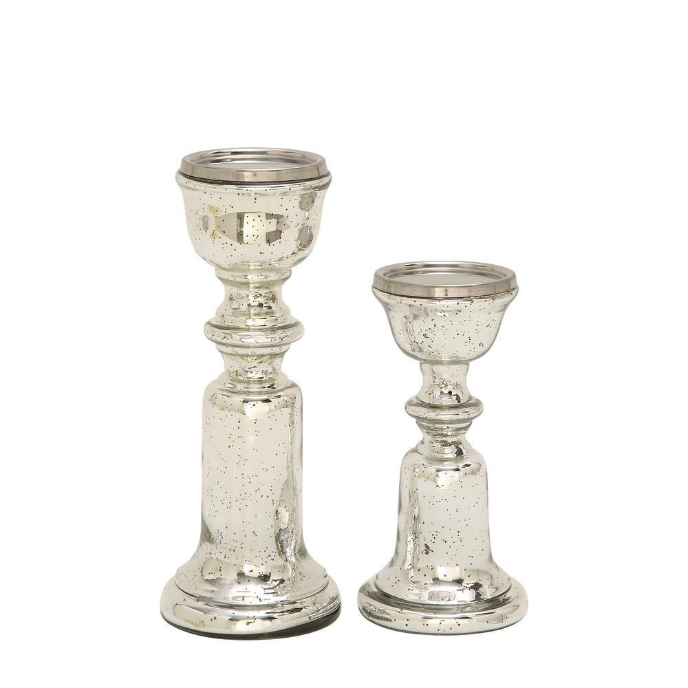 Silver Glass Pedestal Pillar Candle Holders, Set of 2